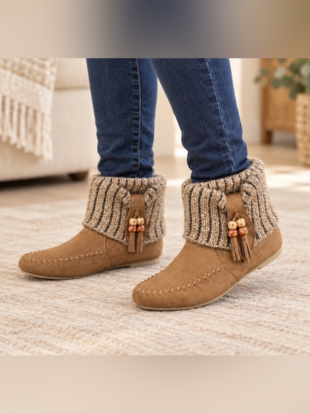 Arizona Jean Co Meeko Brown Sweater Cuff Moccasin Booties Women’s 9.5M Boho